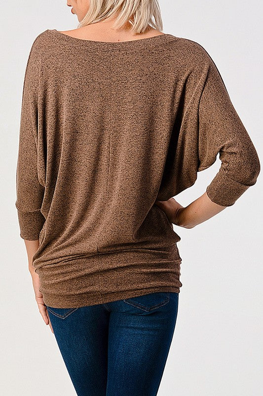 DOLMAN SLEEVE V-NECK TOP - MOCHA