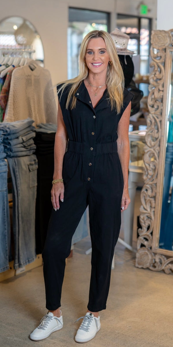 ELAN JACK DENIM JUMPSUIT - BLACK