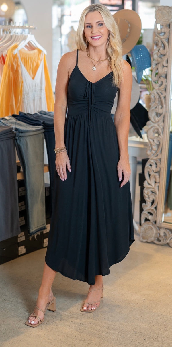 FRONT RUCHED MIDI JUMPSUIT - BLACK