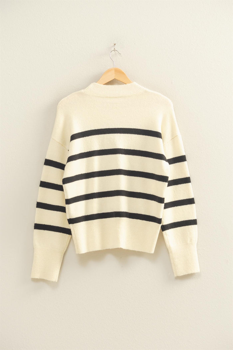 STRIPED HIGH NECK SWEATER - CREAM/BLACK