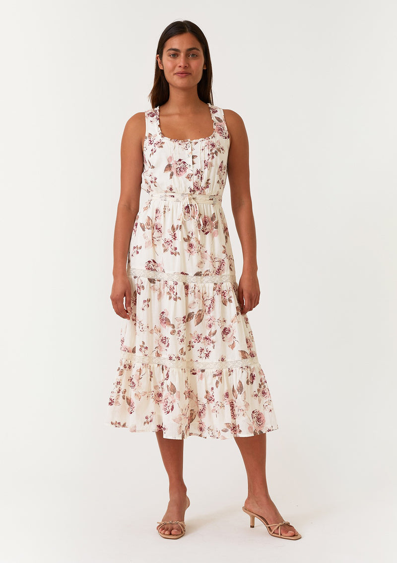 FLORAL TIERED MIDI DRESS - NATURAL/DUSTY WINE