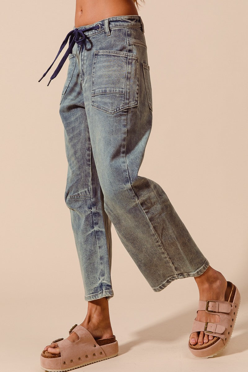 MID RISE BARREL JEANS - DENIM