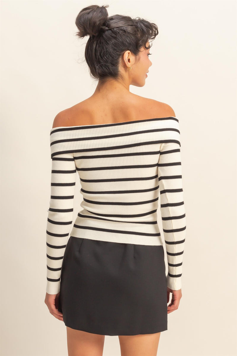 STRIPED OFF-SHOULDER KNIT TOP - CREAM/BLACK