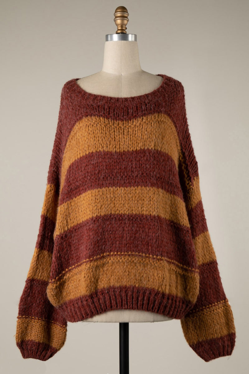 STRIPED OVERSIZED CABLE KNIT SWEATER - RUST/CAMEL