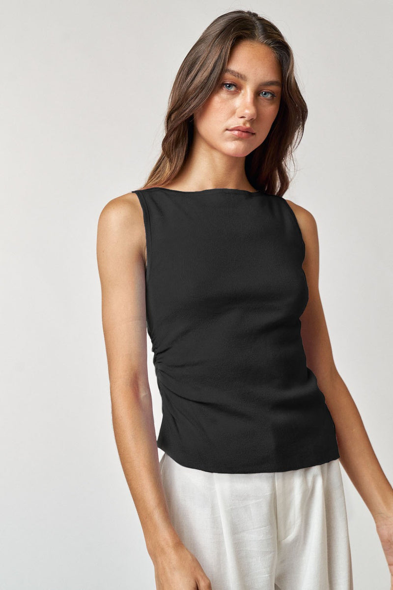 SIDE RUCHED ASYMMETRICAL SWEATER - BLACK