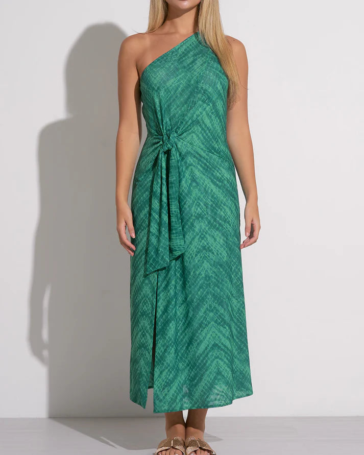 ELAN ONE SHOULDER MIDI DRESS - AQUA/HAVANA
