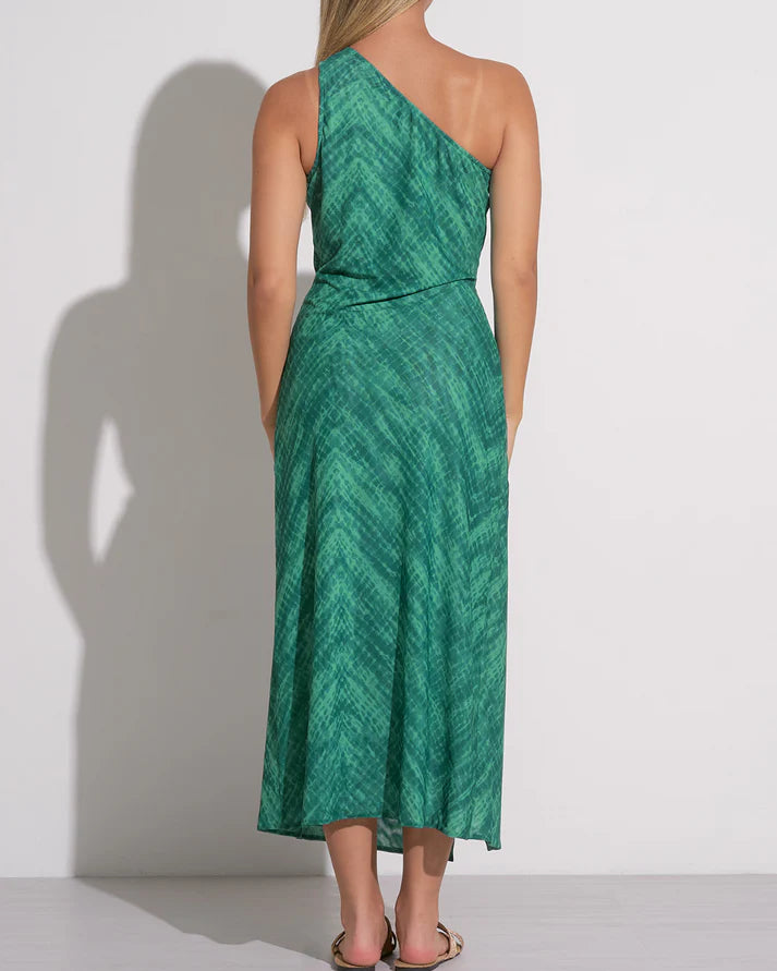 ELAN ONE SHOULDER MIDI DRESS - AQUA/HAVANA