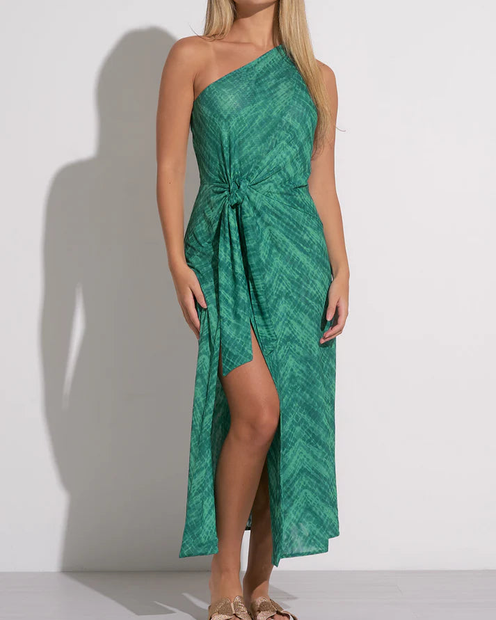 ELAN ONE SHOULDER MIDI DRESS - AQUA/HAVANA