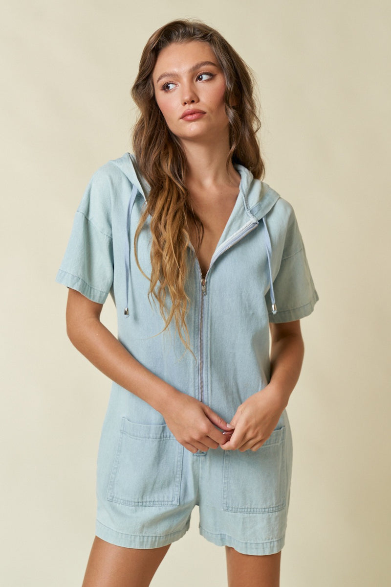 DENIM ZIP UP ROMPER - LT BLUE