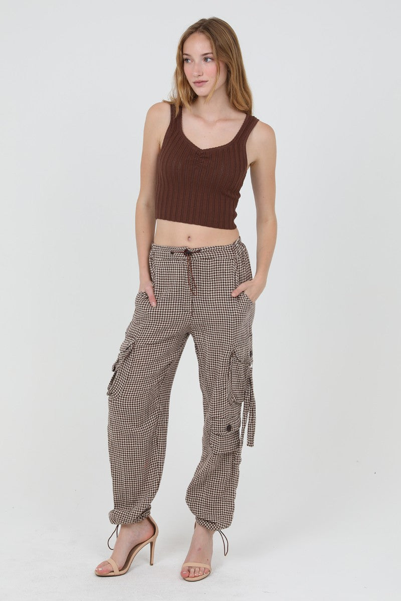 HOUNDSTOOTH CARGO PANTS - IVORY-BROWN