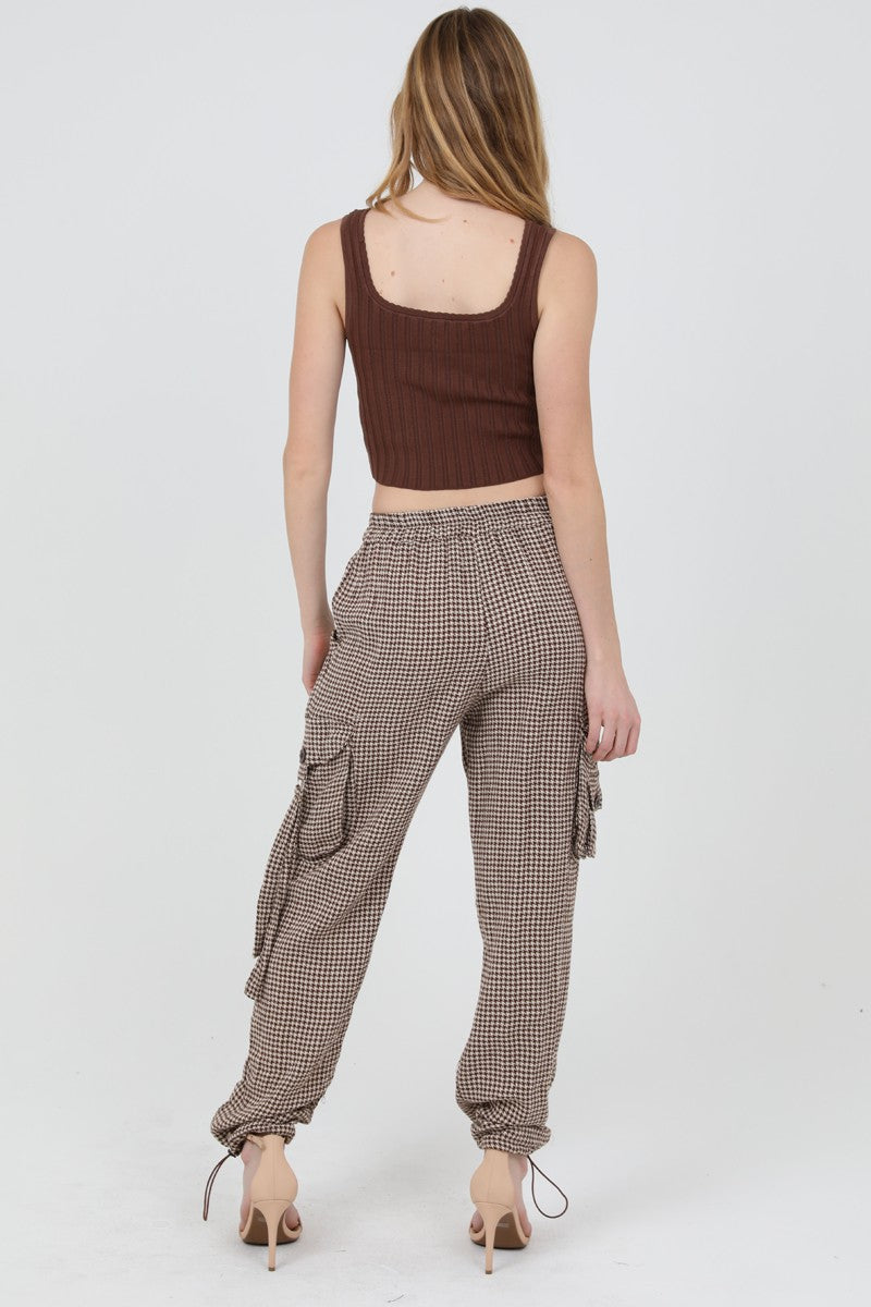 HOUNDSTOOTH CARGO PANTS - IVORY-BROWN