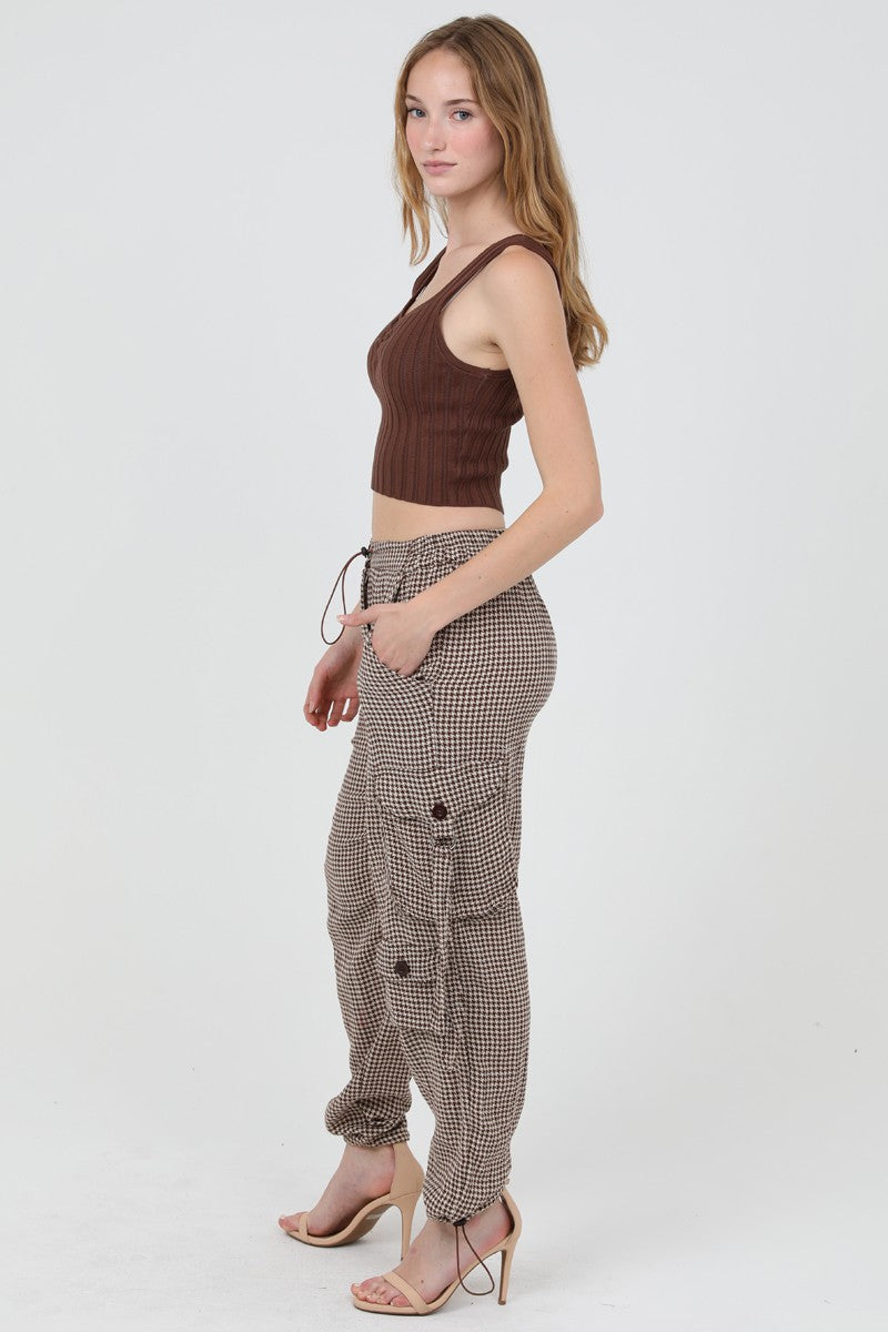 HOUNDSTOOTH CARGO PANTS - IVORY-BROWN