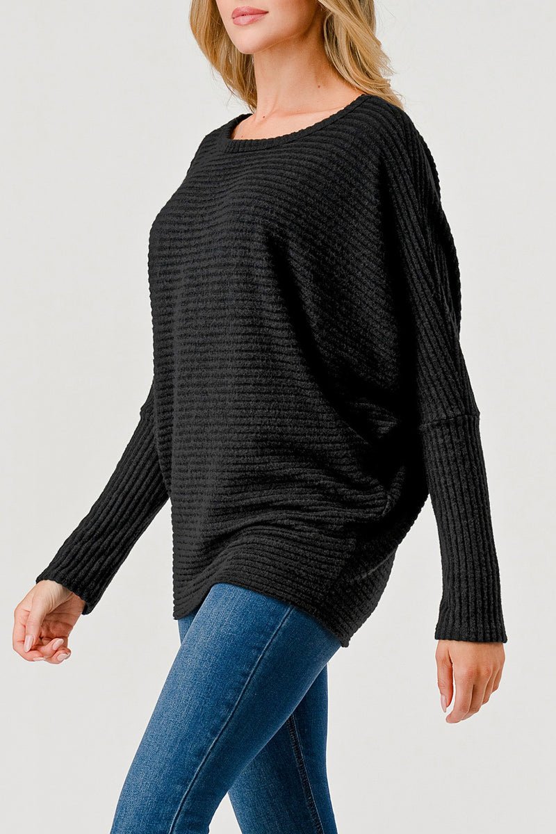 WIDE RIBBED DOLMAN SLEEVE TOP - BLACK