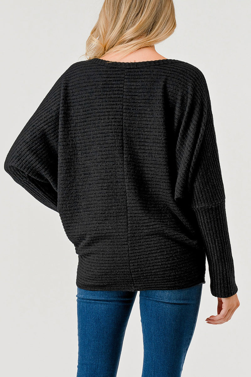 WIDE RIBBED DOLMAN SLEEVE TOP - BLACK