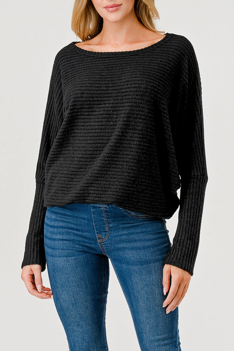 WIDE RIBBED DOLMAN SLEEVE TOP - BLACK