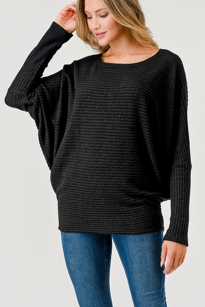 WIDE RIBBED DOLMAN SLEEVE TOP - BLACK