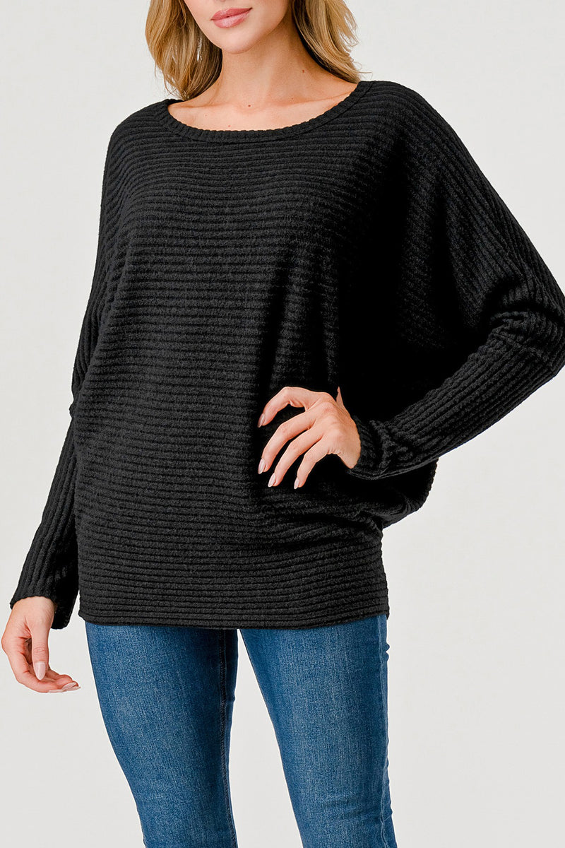 WIDE RIBBED DOLMAN SLEEVE TOP - BLACK