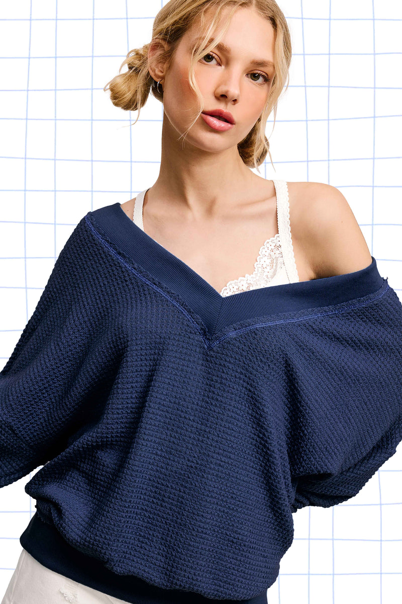 OVERSIZED V-NECK WAFFLE SWEATER - GALAXY