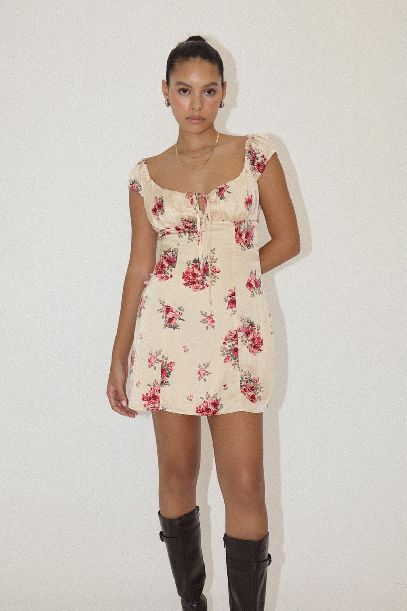 FLORAL SATIN CAP SLEEVE MINI DRESS - CREAM