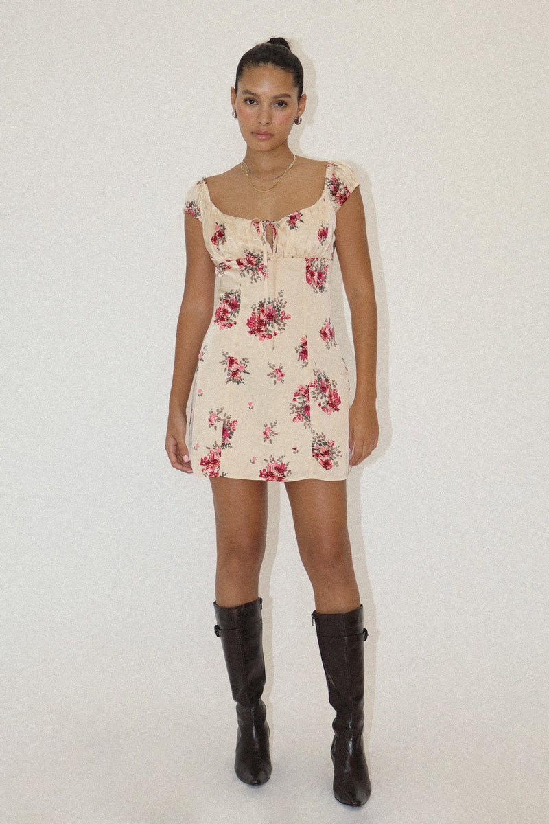 FLORAL SATIN CAP SLEEVE MINI DRESS - CREAM