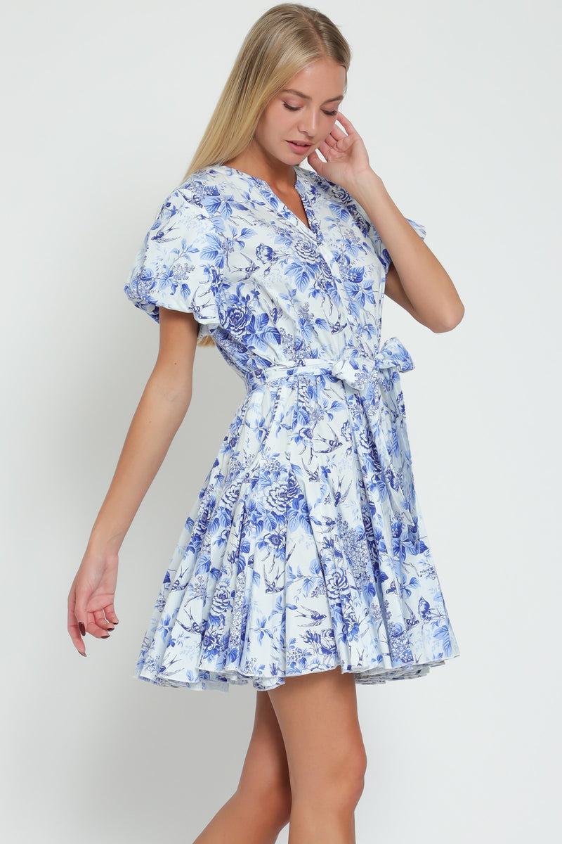 FLORAL BUTTON DOWN MINI DRESS - BLUE/WHITE