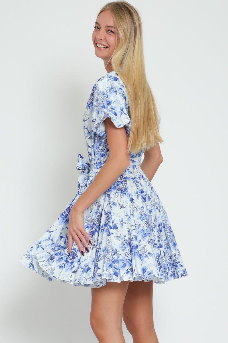 FLORAL BUTTON DOWN MINI DRESS - BLUE/WHITE