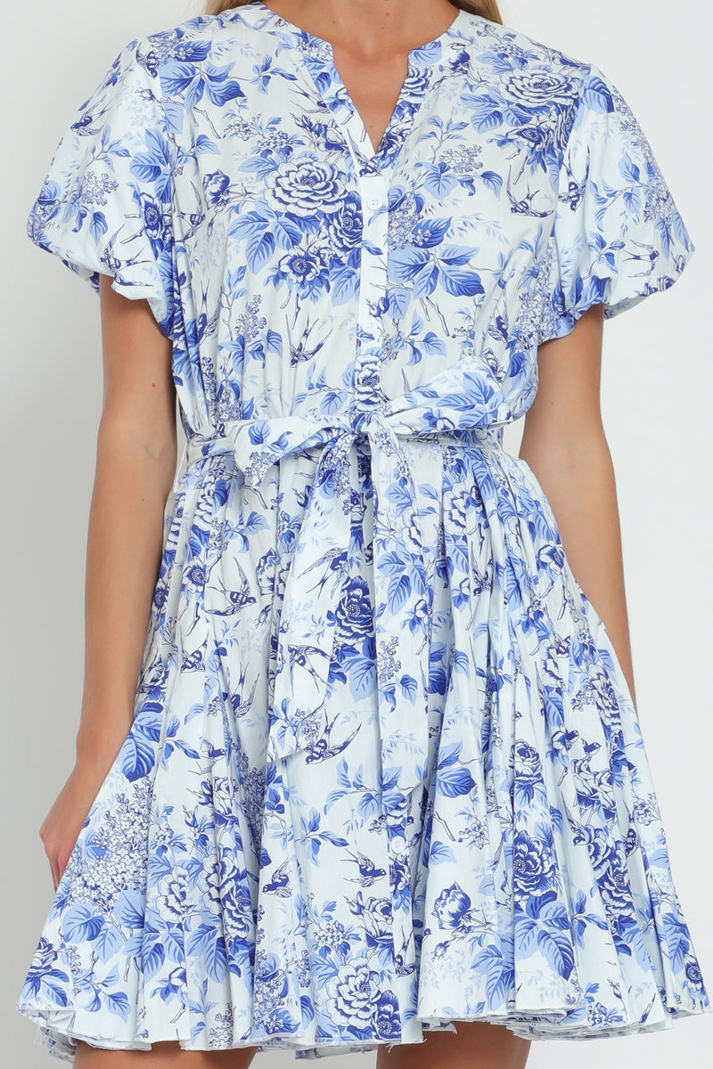 FLORAL BUTTON DOWN MINI DRESS - BLUE/WHITE