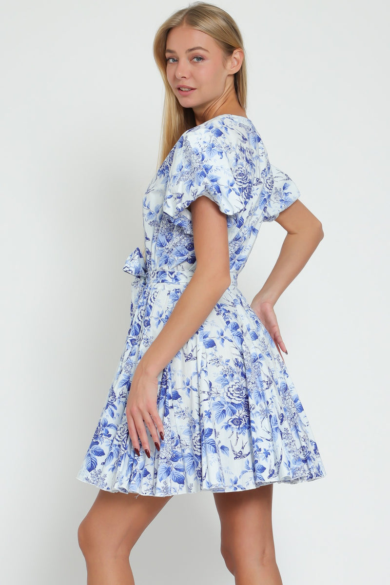 FLORAL BUTTON DOWN MINI DRESS - BLUE/WHITE