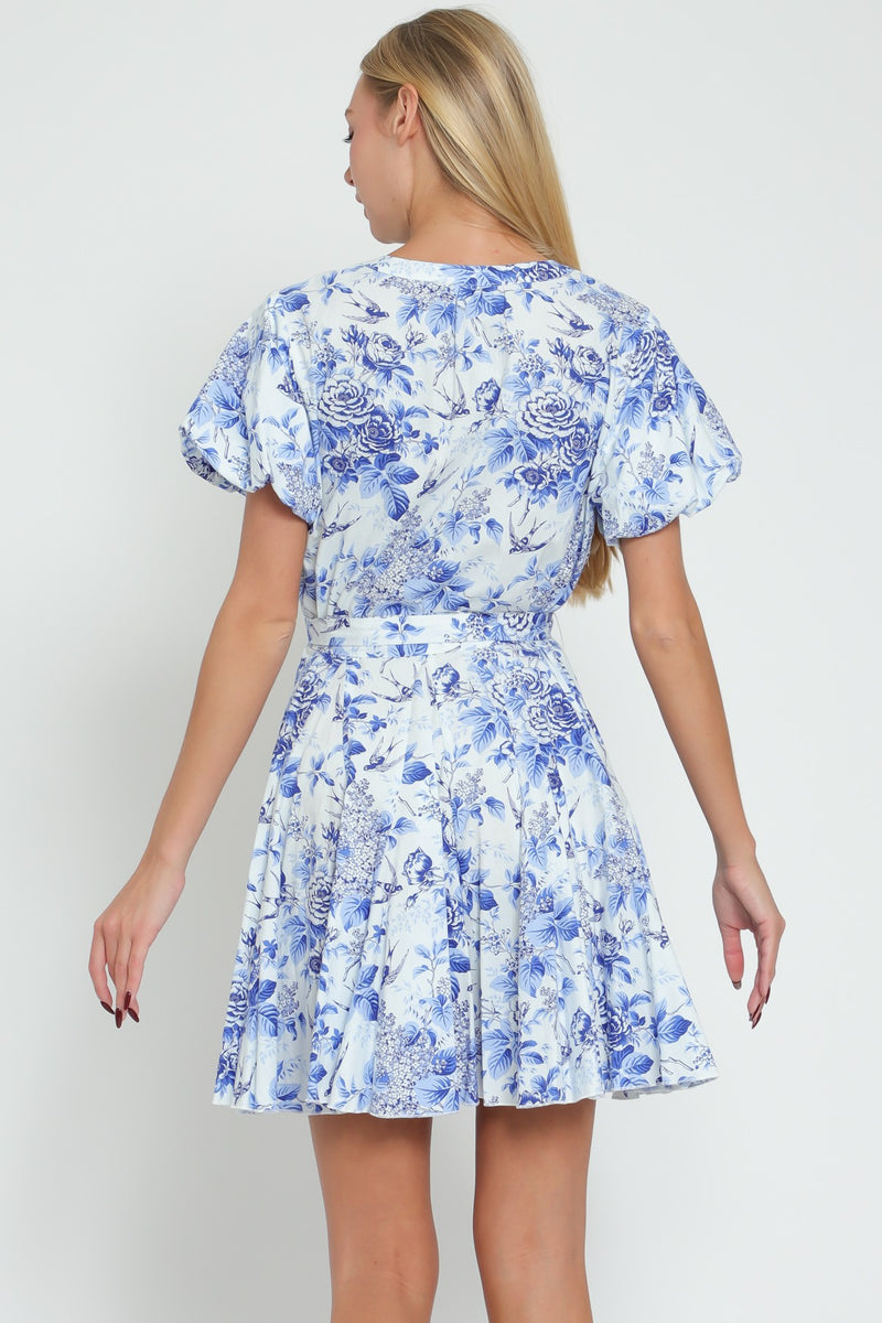 FLORAL BUTTON DOWN MINI DRESS - BLUE/WHITE