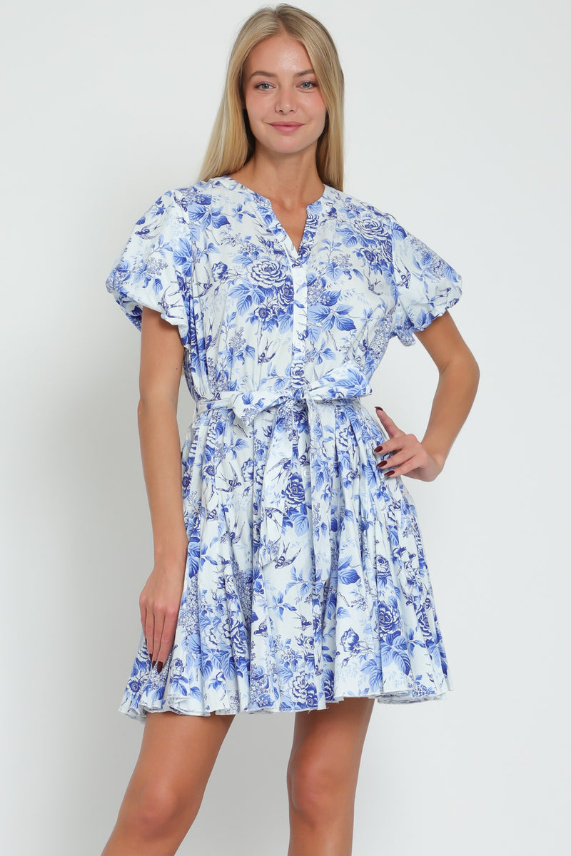 FLORAL BUTTON DOWN MINI DRESS - BLUE/WHITE