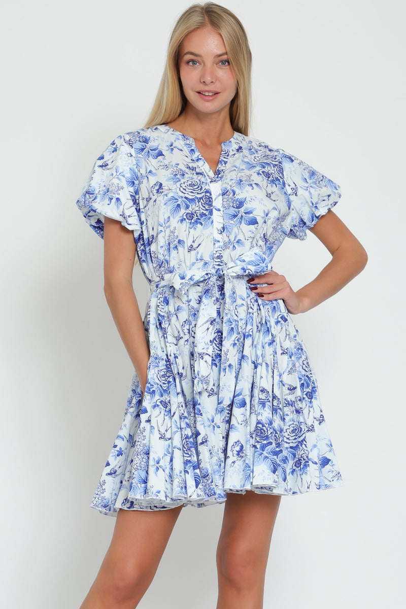 FLORAL BUTTON DOWN MINI DRESS - BLUE/WHITE
