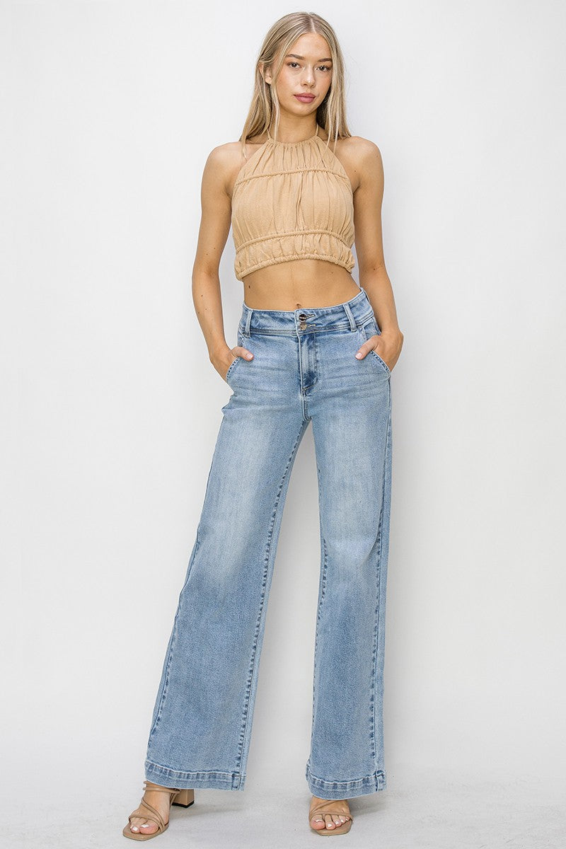 HIGH RISE DOUBLE BUTTON WIDE LEG JEANS - LIGHT