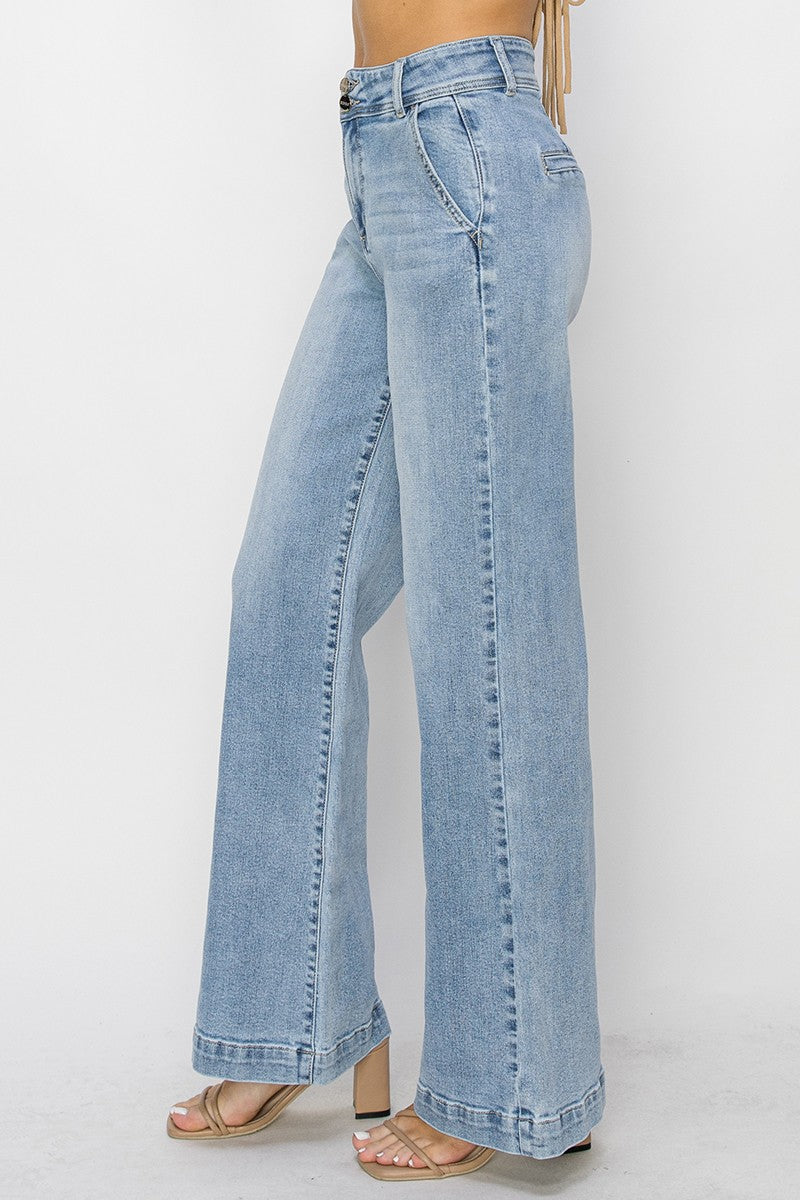 HIGH RISE DOUBLE BUTTON WIDE LEG JEANS - LIGHT