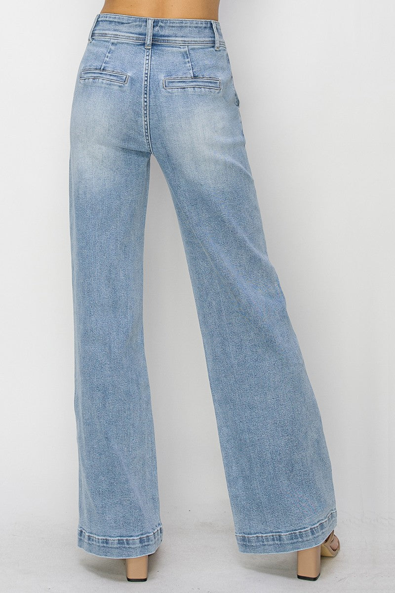 HIGH RISE DOUBLE BUTTON WIDE LEG JEANS - LIGHT