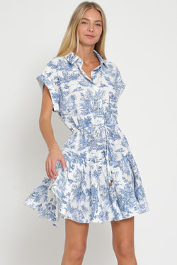 BUTTON FRONT TOILE MINI DRESS - WHITE/LT BLUE