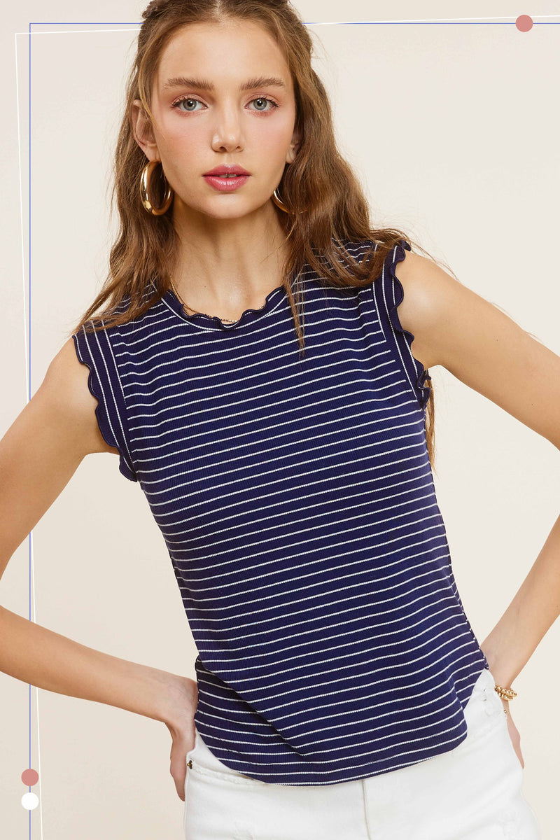 STRIPED RUFFLE SLEEVE TOP - SPACE