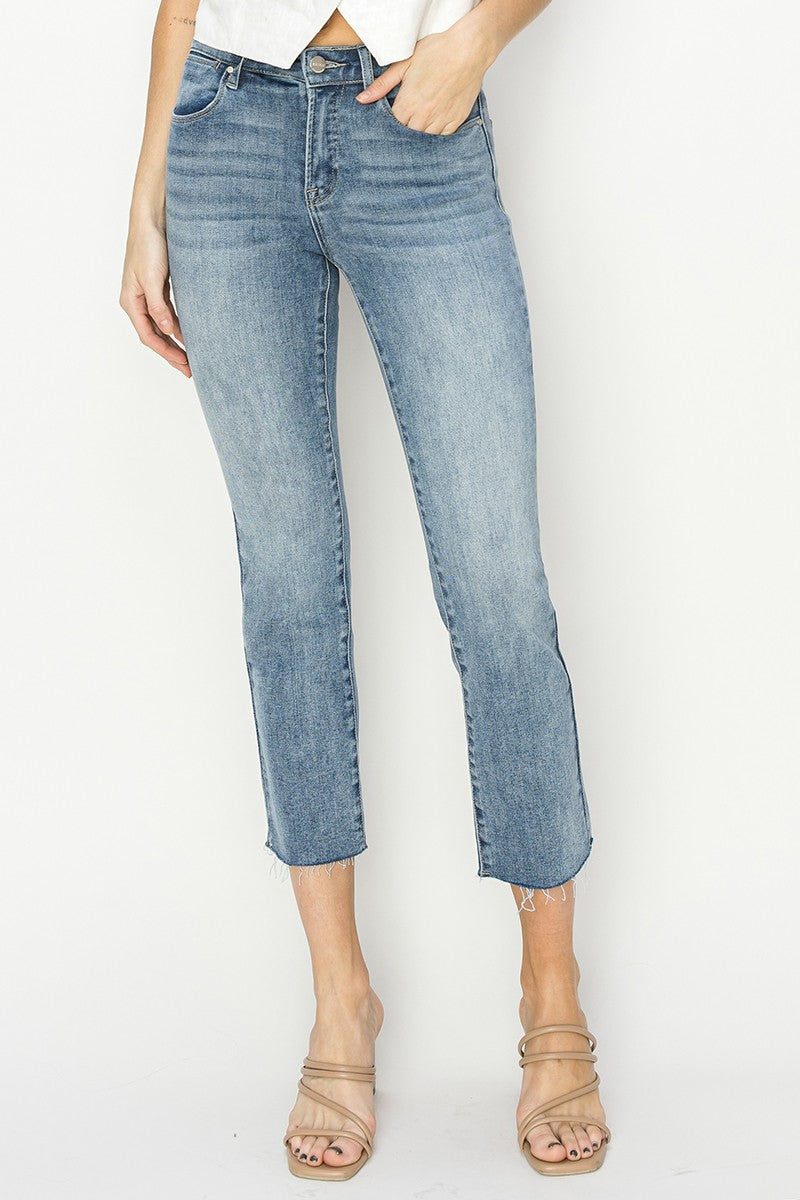 MID RISE ANKLE STRAIGHT JEANS -  MEDIUM WASH