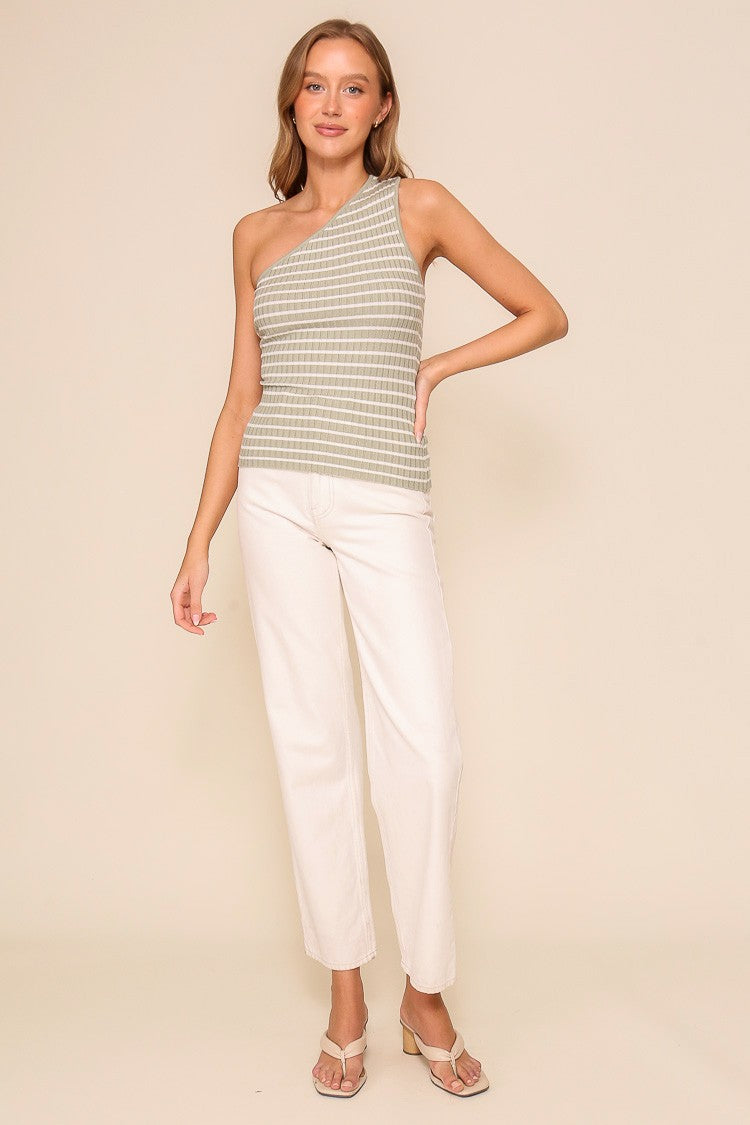 ONE SHOULDER STRIPED RIBBED SWEATER - SAGE/WHITE