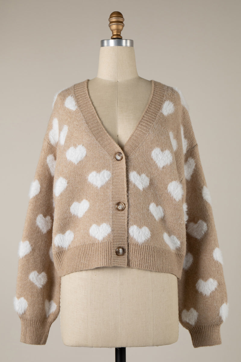 HEART PATTERN BUTTON UP CARDIGAN - TAUPE