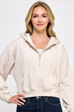 FLEECE HALF ZIP UP HOODIE - BEIGE