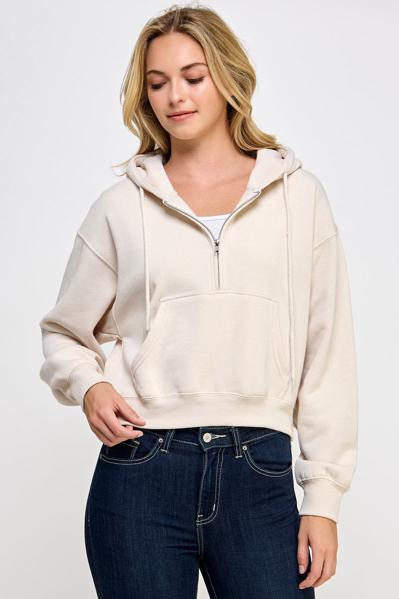 FLEECE HALF ZIP UP HOODIE - BEIGE