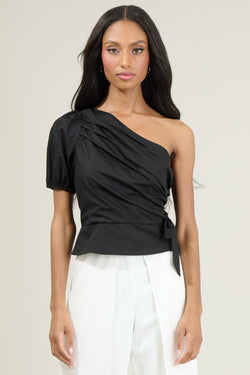 VERDUSA ONE SHOULDER PLEATED TOP - BLACK