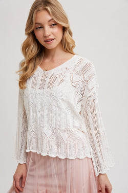 OPEN KNIT V-NECK SWEATER - IVORY