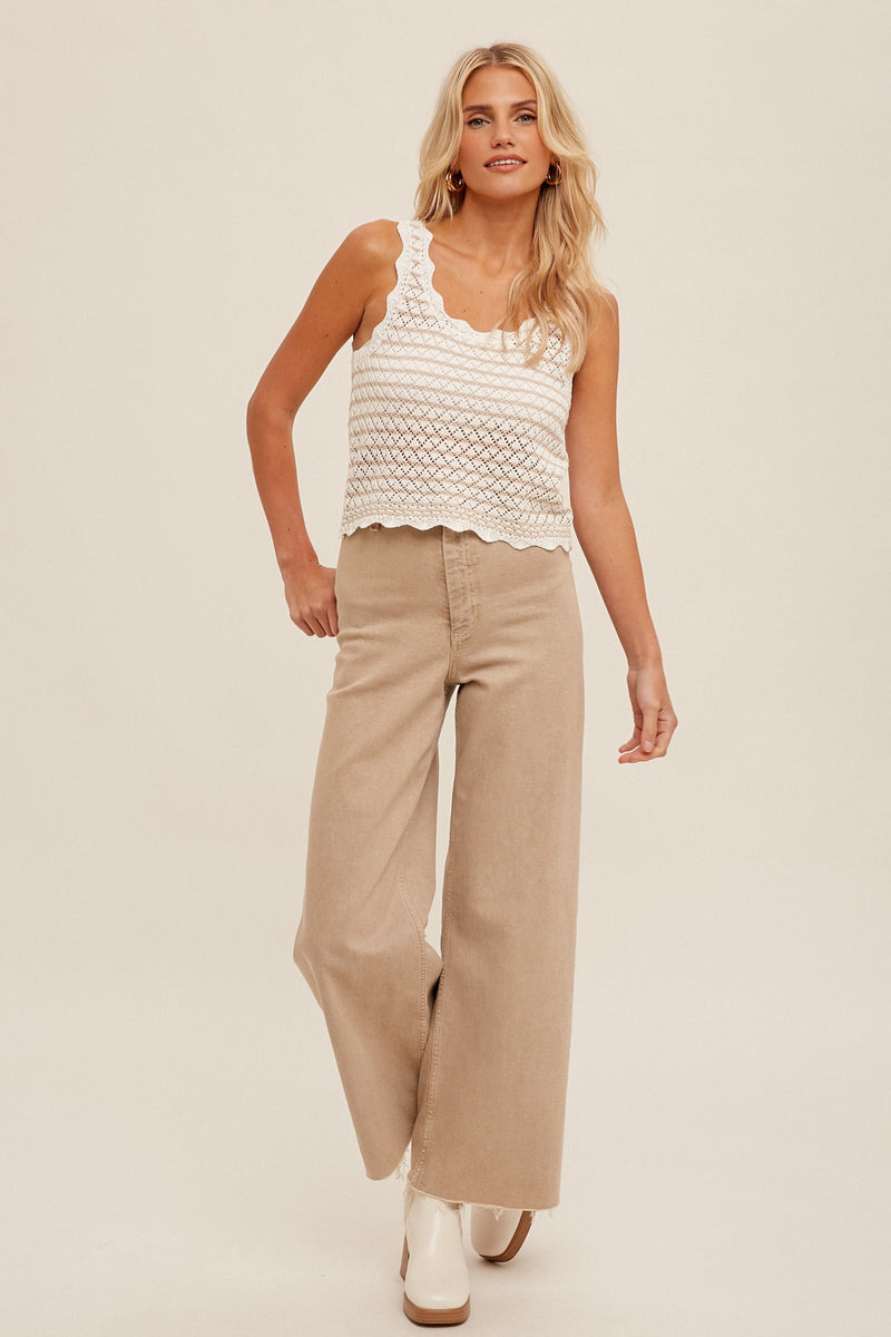 STRIPED POINTELLE KNIT TANK TOP - CREAM/TAUPE