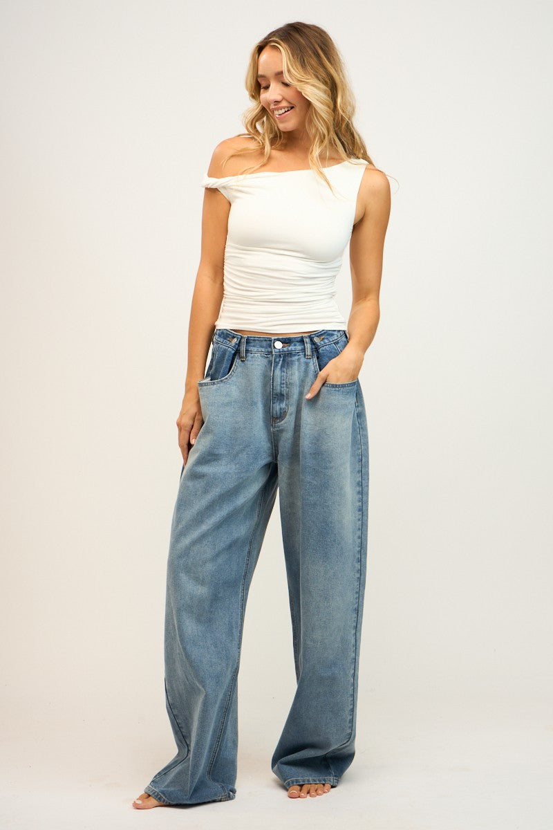 ASYMMETRIC ONE SHOULDER RUCHED TOP - WHITE