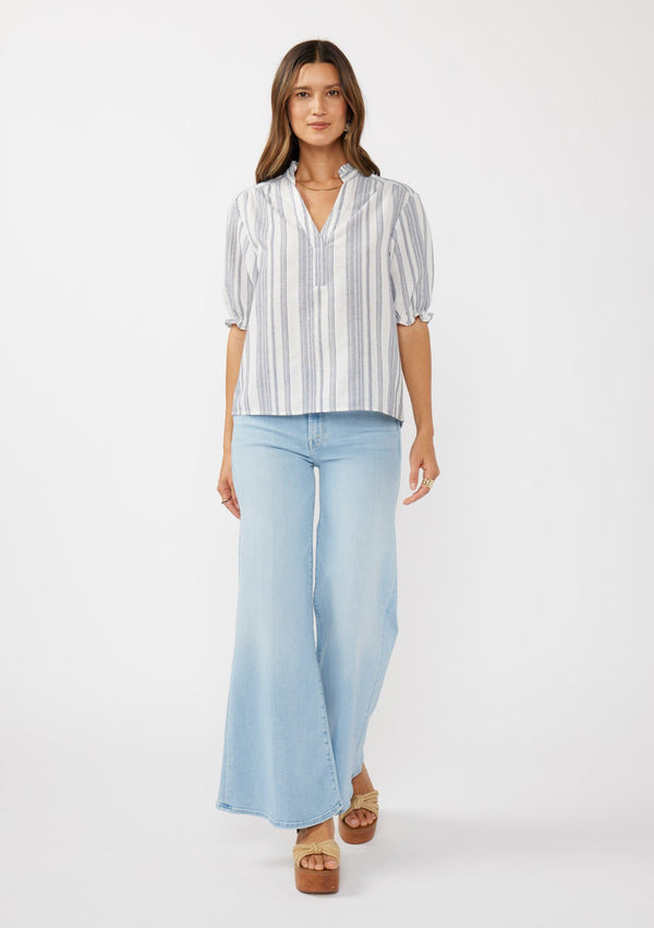 YARN DYED STRIPED PUFF SLEEVE TOP - NAVY/NATURAL