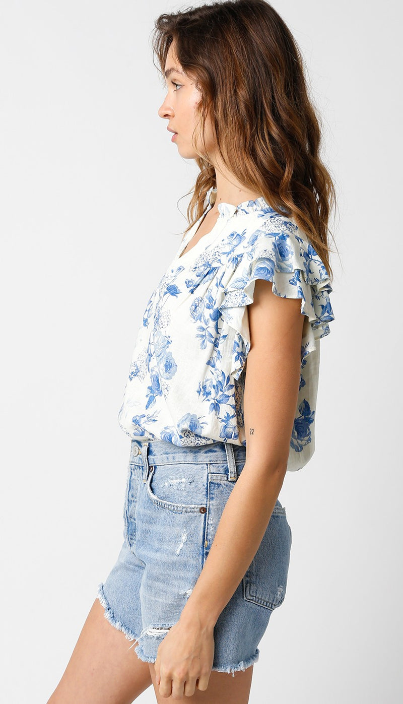 ROWAN FLORAL TOP - CREAM/BLUE