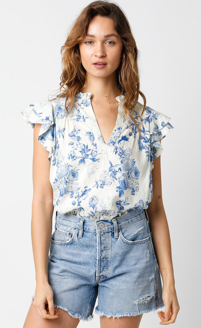 ROWAN FLORAL TOP - CREAM/BLUE