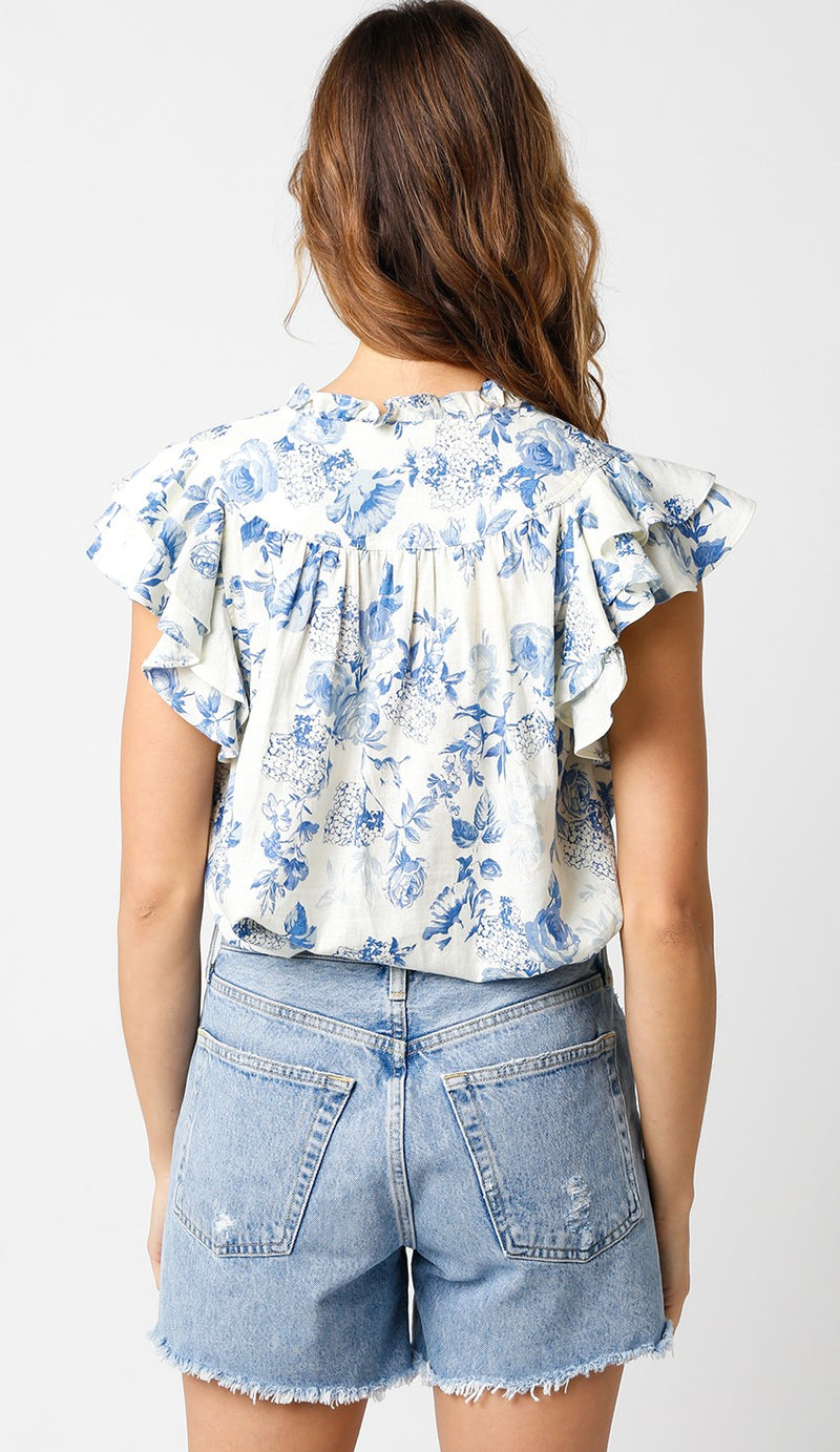 ROWAN FLORAL TOP - CREAM/BLUE