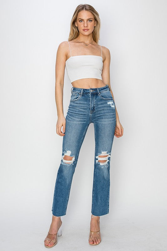 HIGH RISE DISTRESSED ANKLE JEANS - MEDIUM